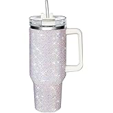 HWISDMIG 40oz Tumbler with Handle-Glitter Rhinestones Tumbler Bling Cups Stainless Steel Water Bottle Diamond Studded Tumbler for Women-Birthday Gifts for Women, Mom, Wife, Girlfriend (40 oz, White)