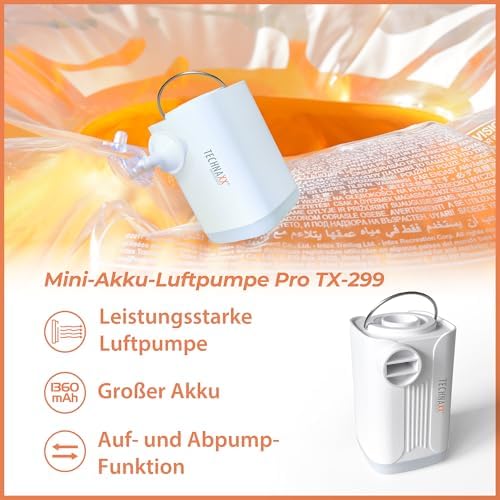 Mini Akku-Luftpumpe Pro TX-299-3600 mAh Wiederaufladbare Elektrische Luftpumpe mit Powerbank, LED-Licht, 5 Düsen, Aufbewahrungstasche - Tragbare Kabellose Luftpumpe für Aufblasbares