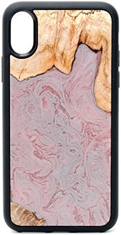 ModernWood iPhone X Protective Case Cover Unique Handmade Real Wooden Burl &amp; Artistic Swirl of Resin Texture Creative Design Apple iPhone 10 Back Cover with Shock Absorbing Rubber Bumper Pink Grey