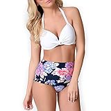 BuyBai Women's Sexy Halter Bikini Floral Print High Waist Swimsuit Bathing Suits