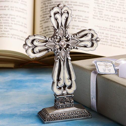 20 Pewter Color Cross Statue With Ivory Enamel Inlay