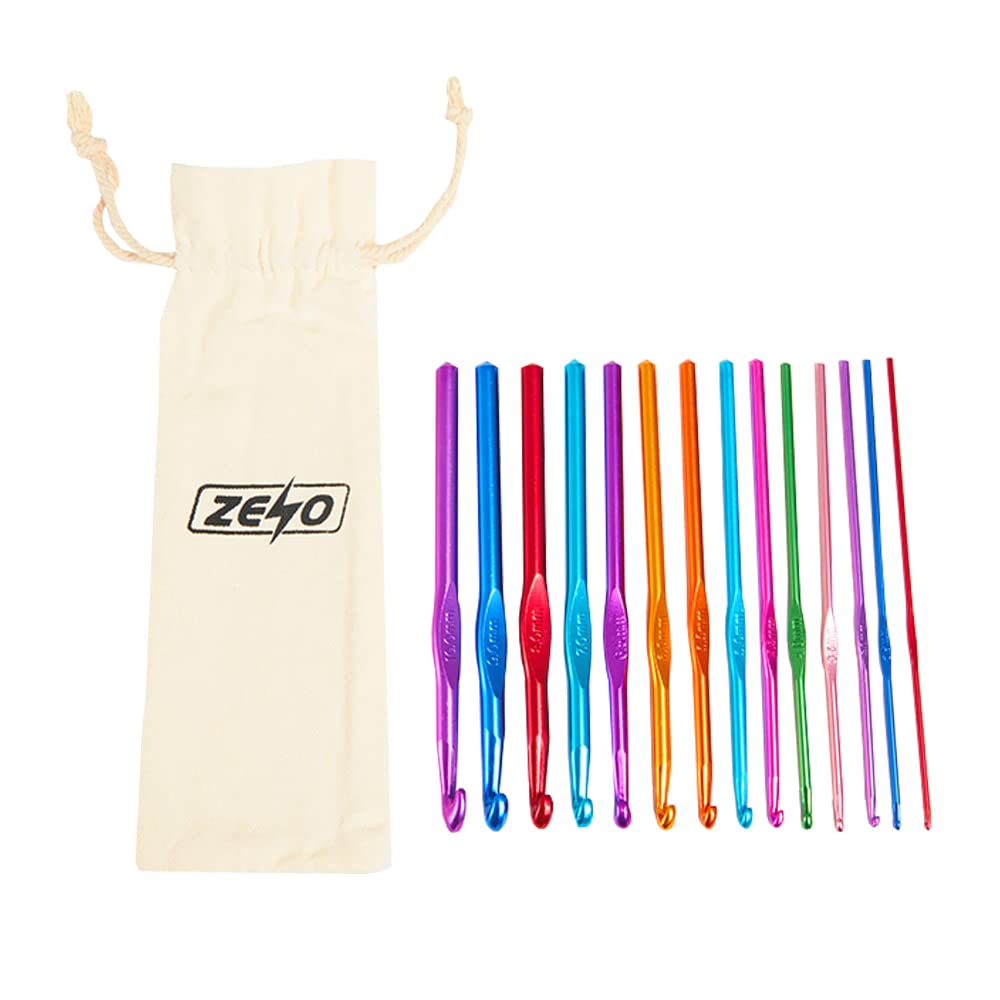 ZENO Crochet Hooks Set - 14 Pieces | Multi Coloured Aluminium Yarn Knitting Needles With Pouch Case | Includes Carry Pouch