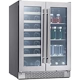 Zephyr 24 Inch Compact Under Counter Home Bar French Door Dual Zone Wine and Beverage Cooler Fridge with Slide Out Shelves an