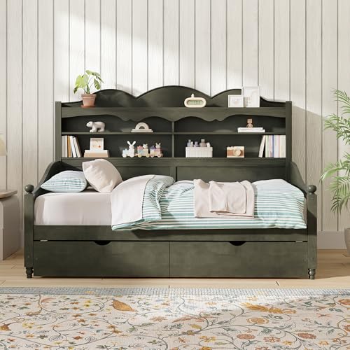 Twin Daybed with Storage Drawers and Headboard Shelves, Wooden Twin Size Day Be…