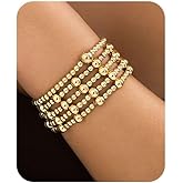 Fanquility 5Pcs Gold Beaded Bracelets 14K Gold Bracelets for Women Bracelet Stack Trendy Stretch Bead Bracelets Silver Bead Bracelet Dainty Jewelry for Women