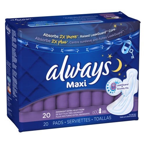 Always Maxi Size 5 Feminine Overnight Pads with Wings, Super Absorbency, Unscented, 20 Count (Packaging May Vary)