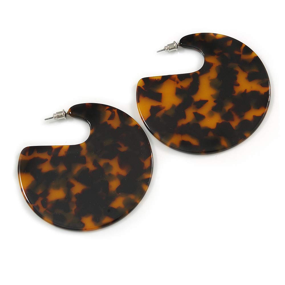 Large Tortoise Shell Effect Brown And Black Acrylic/Resin Disk Earrings/ 60mm D