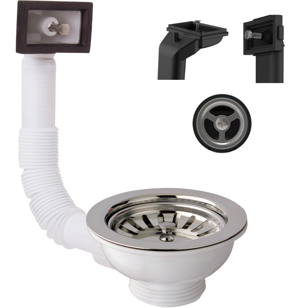 Schläfer 439410 | Universal Drain for Steel Sinks with Rectangular and Round Overflow, Basket Type Sink Hole diam90mm, 1 1/2" Outlet, Standard Stainless Steel Drain with Screw and Basket.