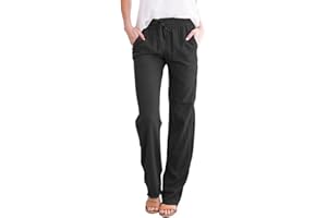 FSWGJFJJ Cotton Linen Pants for Women Straight Leg Drawstring Long Trouser Loose Fit High Waist Beach Pants with Pockets