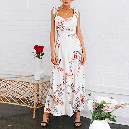 Mysky Fashion Women Popular Sexy Backless Sweet Floral Print Sling Long Jumpsuit White