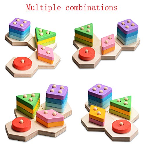 KAJA Wooden Geometric Shape Sorter Recognition Sorting Stacking Game Chunky Puzzle Toys Removable Educational Preschool for 1 2 3 4 5 Year Old Boys Kids Toddler Baby - Thumbnail 5