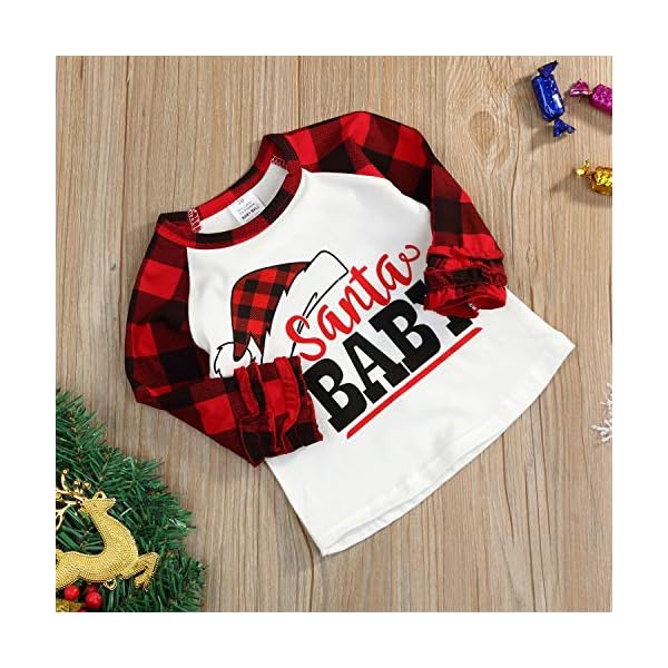 Toddler Kids Baby Girls Top Christmas Santa Print Plaid Ruffle Long Sleeve T-Shirt Outfits Clothes (4-5 T, Red Plaid) - Image 3