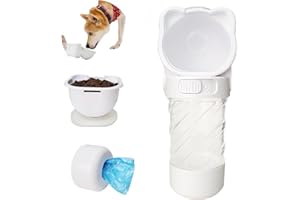 FLRYBRG Portable Dog Water Bottle 3 in 1, Multifunctional Puppy Water Dispenser with Water Bowl and Poop Bag for Walking, Hiking and Traveling, BPA Free, Dishwasher Safe, White