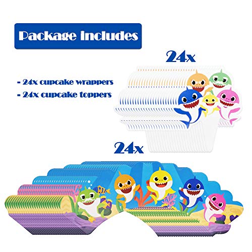 Bomcan 48 Pcs Baby Shark Cupcake Toppers and Wrappers, 24 Set Cute Shark Cupcake Liners & Decorations for 1st, 2nd Boys and Girls Birthday Party, Baby Shower, Shark Themed Party