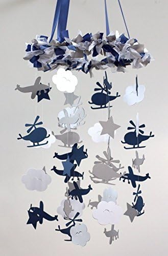 Airplane, Helicopter, Cloud &amp; Star Mobile in Navy, Gray &amp; White