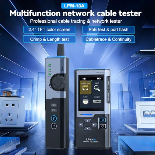 Professional RJ45 Network Cable Tester, Rechargeable Electric Ethernet Cable Locator, POE Test, NCV Test, Wire Crimping, Cable Length, Network Speed, 2.4" TFT Screen