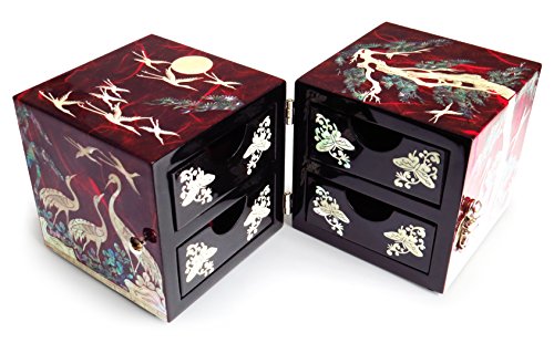MADDesign-Jewelry-Box-Trinket-Organizer-Twin-Cube-Wood-Mother-of-Pearl-Inlay-Lacquered-Crane-Pine-Tree-Red