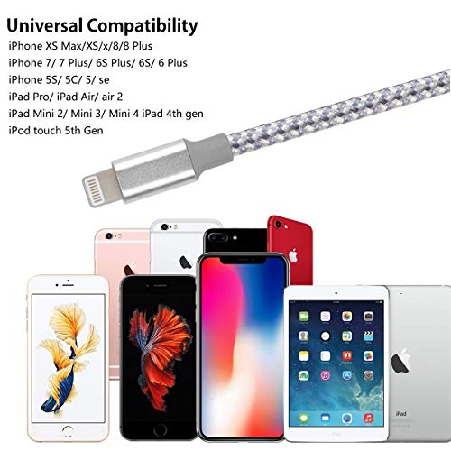 MFi Certified iPhone Charger, Charging Cable, 5Pack (3/3/ 6/6/ 10FT) to Syncing Data and Nylon Braided Cord Charger Compatible with iPhone/XS/XR/X/8/8Plus/7/7Plus/6S/6Plus/Pad More(Silver&White)