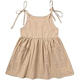 RUKOSU Toddler Baby Girl Summer Cotton Linen White Dresses Bow Straps Sleeveless with Pockets Casual Sundress