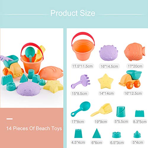 14 Beach Toy Set - Pieces Children's Beach Toys Play with Water Tools,for hoeing, Digging, Stacking, stenciling and Building Sandcastles, for Beaches, Swimming Pools, bathtubs, etc.