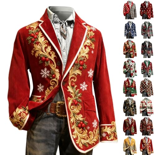 Men's Christmas Blazer Corduroy Suit Jacket Ugly Santa Claus Xmas Tree Printed Jackets Lapel Single Button Long Sleeve Blazer Slim Fit Outfits Novetly Coat for Holiday