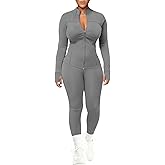 UOUA Womens Workout Set Two Piece Outfits Bodycon Long Sleeve Zipper Jacket & Leggings for Gym Tracksuit