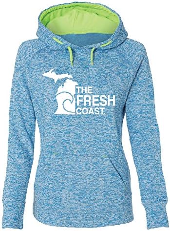 LIVNFRESH Women's The Michigan Fresh Coast Performance Hooded Sweatshirt (Large, Electric Blue/Neon Green)