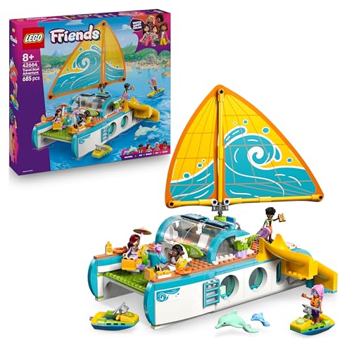 LEGO Friends Segelabenteuer Set - Spielzeug inkl. Boot mit drehbarem Segel, 4 Minipuppen und 2 Delfinfiguren sowie lustigem Zubehör - kreatives Geburt