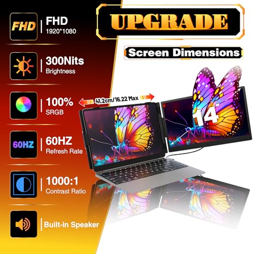 Laptop Screen Extender 0.27" Ultra-Thin, 14" FHD 1080P IPS Lightweight Dual Portable Monitor, USB-C/HDMI Plug & Play for 13-17" Laptops, Travel screen compatible with Windows/Mac/Chrome/Switch/Android