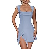 HESUUIO Womens Sexy Square Neck Mini Dress Elegant Sleeveless Bodycon Side Slit Ruffle Club Party Short Dresses