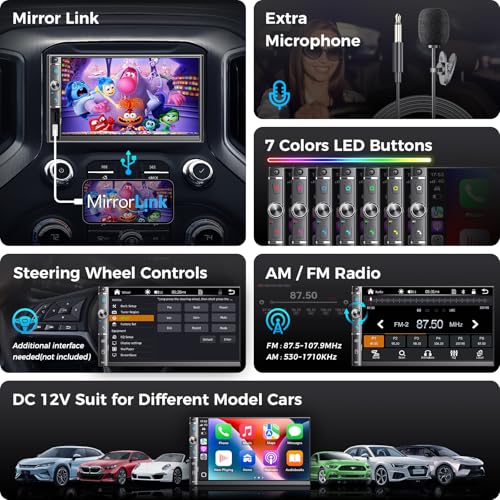 Kissound Double Din Car Stereo with 7" HD Touchscreen, Wireless Apple Carplay & Android Auto, Bluetooth, 240W, SWC, Subwoofer Output, Mirror Link, FM/AM Car Radio Receiver, Backup Camera