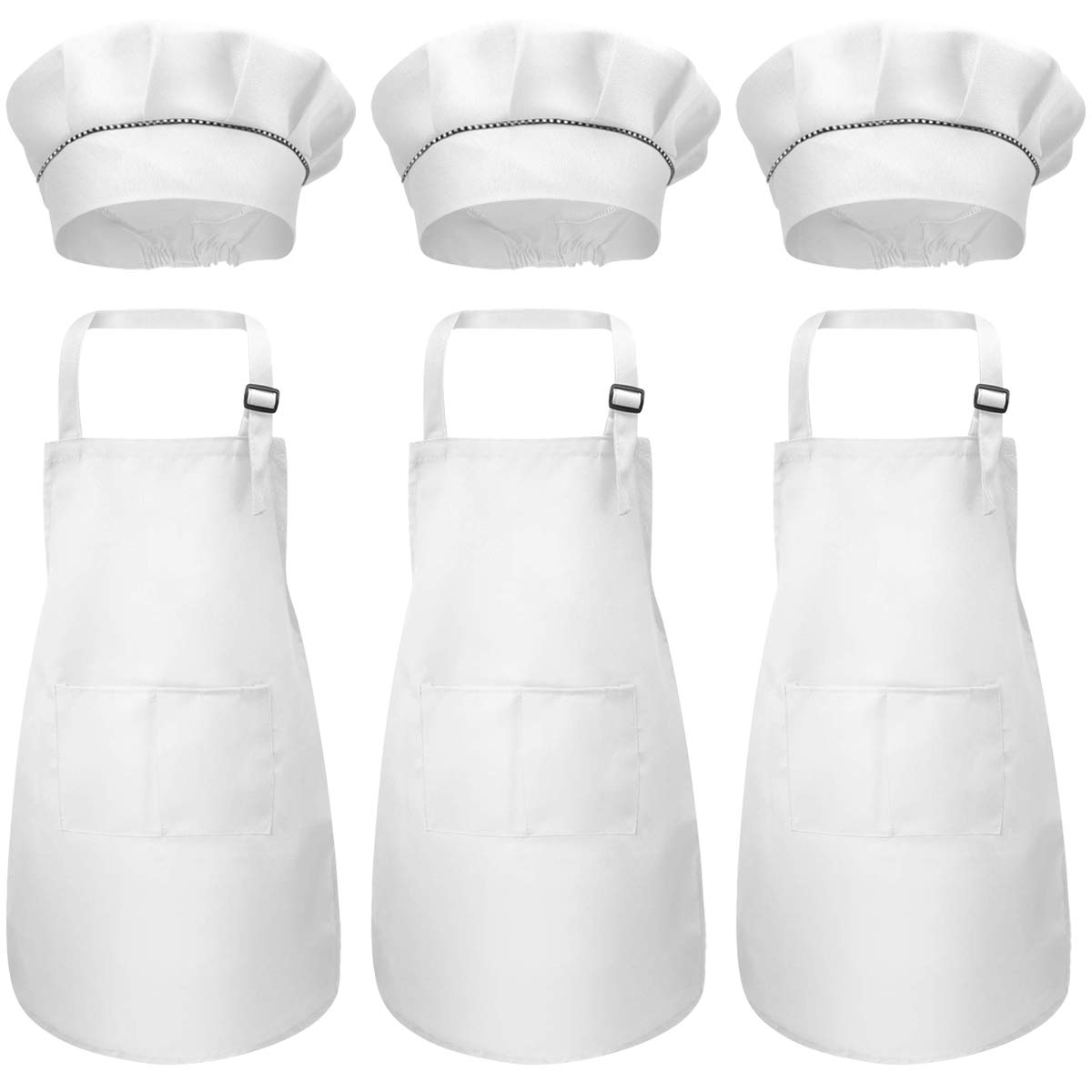 6Pcs Kids Apron and Chef Hat Set, Children Chef Aprons with Pockets, Boys Girls Adjustable Kitchen Garden Bib Aprons, Toddler Cooking Aprons for Crafting Painting Baking (7-13 Year) (White) — image 1