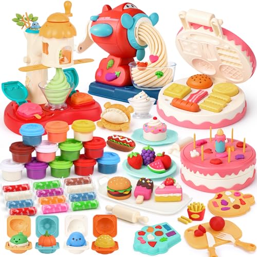 Dreamon 3 in 1 Play Color Dough Set - Ice Cream Noodle Hamburger Maker Machine, Dough Tools Accessories Set, Play Kitchen Accessories, Art Crafts Food Toys for Kids 3 4 5 Years Old