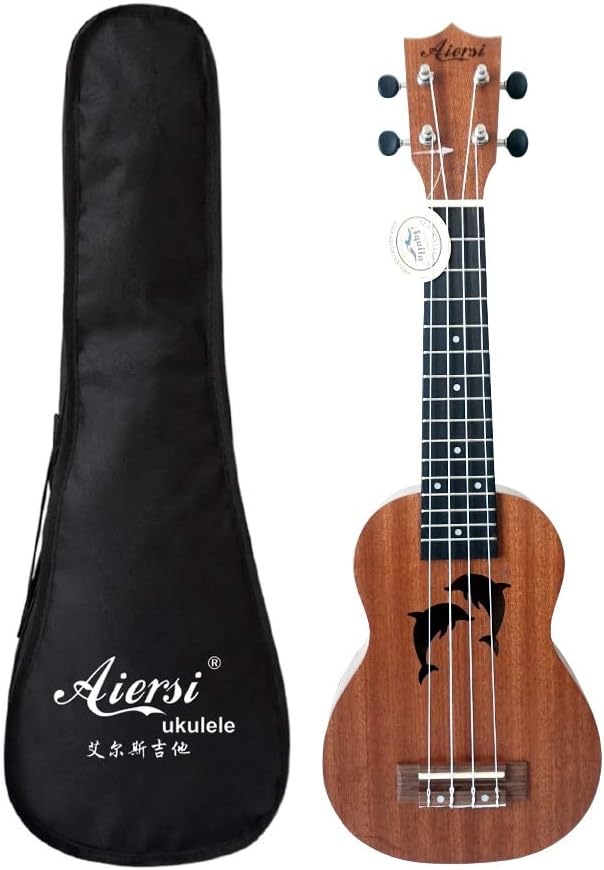 Molioon brand 21 inch ukelele mahogany Soprano gecko ukulele musical instrument guitar (Dolphin with bag)