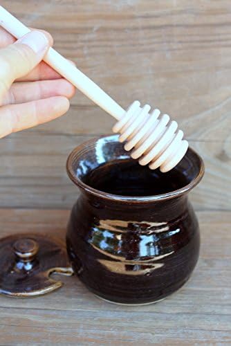 Handmade Pottery Honey Jar with Wooden Dipper and Fluted Lid. 8 - 12 Ounce Portable Mini Honey Crock. Blue, Green, Red-Brown, or Chocolate Black