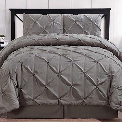 Comforter Set 3 Piece Pinch Pleat Pintuck Durable Stitching Luxury Modern Hypoallergenic All Season Soft Oversized Bedding - with Pillow Sham and Bed Skirt - Solid Grey/Gray Single Bed Twin Size