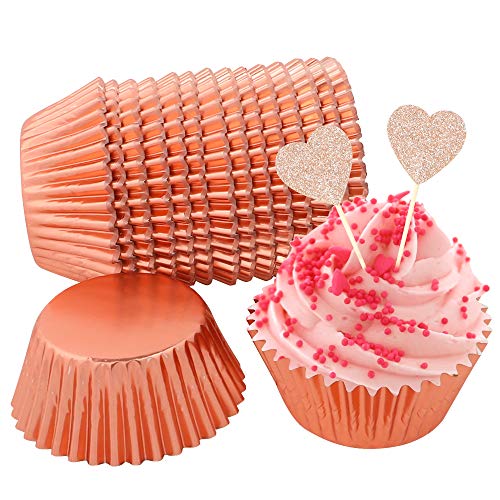 BAKHUK 330pcs Standard Rose Gold Cupcake Liners and Heart Cupcake Toppers, Foil Cupcake Wrappers for Baby Shower Wedding Party Decoration