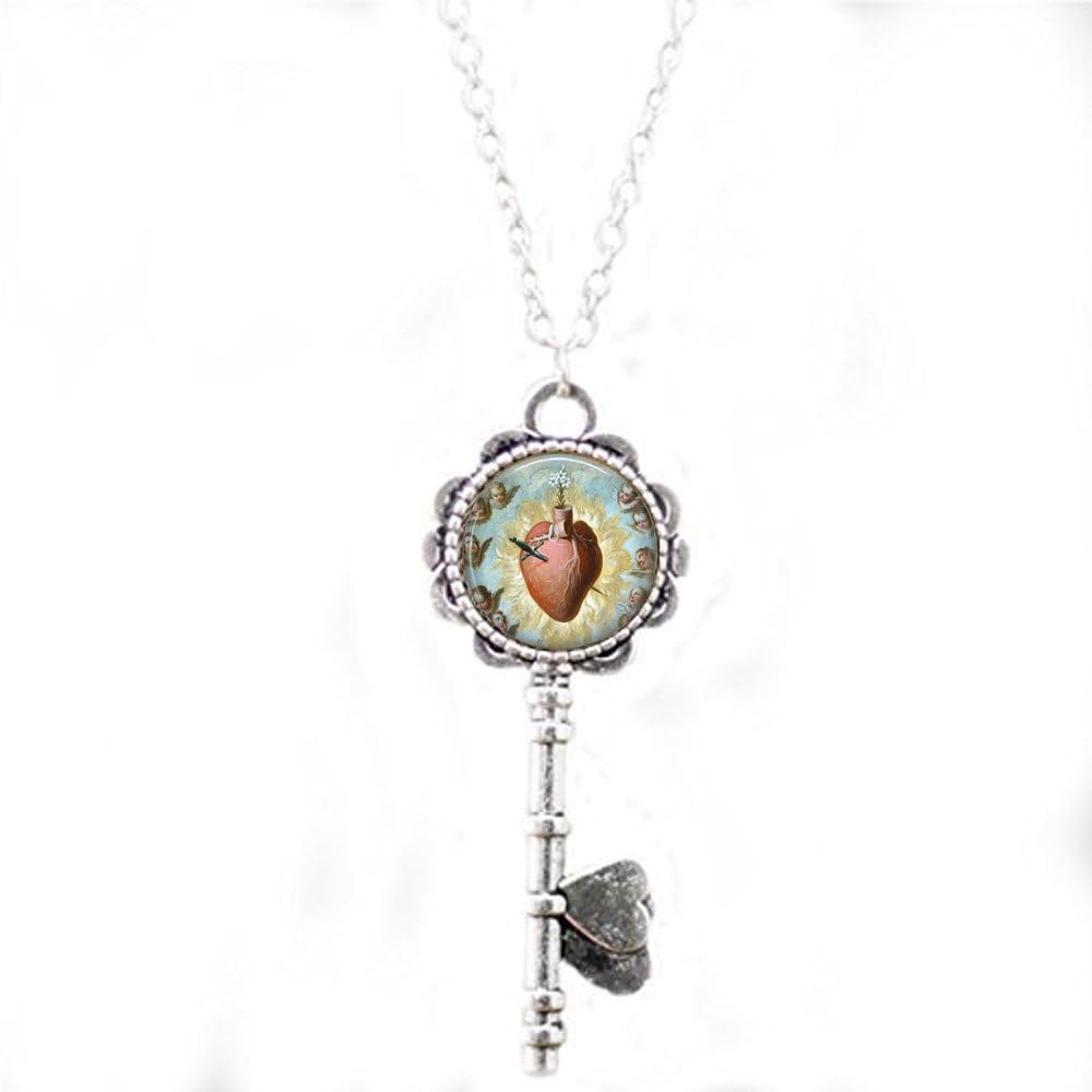 qws Sacred Heart of Mary - Juan Morlete Ruiz - Mexican Religious Art - Catholic Key Necklace- Sacred Heart Key Necklace- Corazon de Maria Key Necklace