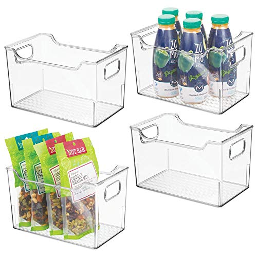 mDesign Plastic Kitchen Pantry Cabinet, Refrigerator or Freezer Food Storage Bins with Handles - Organizer for Fruit, Yogurt, Snacks, Pasta - BPA Free, 10" Long, 4 Pack - Clear