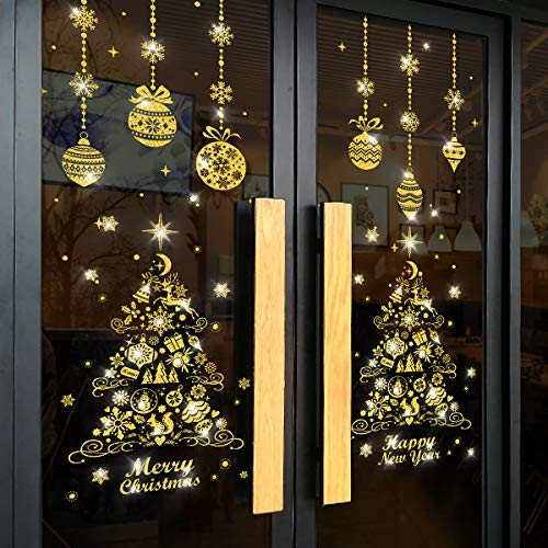 Aelfox Gold Christmas Window Clings, Christmas Door Decorations Christmas Stickers Decals Wall Sticker for Home/Office/Shop/Classroom/Glass/Holiday Christmas Decorations