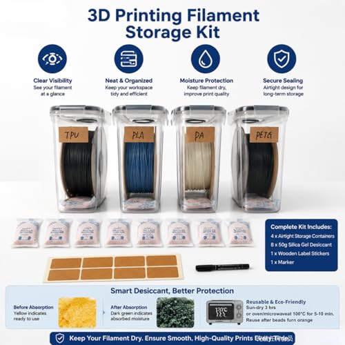 Filament Storage Box 4 Pack PLA Storage, Filament Vacuum PLA Airtight Boxes 3D Printer Storage Filament Dryer Box PLA Box 3D Filament Dryer for Sealing+8 Desiccants+Label+1 Marker Pen, 4.0L