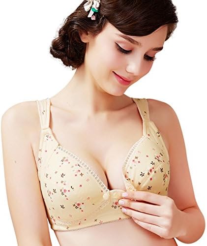 Common Women's Cotton Wirefree Maternity Front Button Nursing Bra Floral Sleep Breastfeeding Bra(Skin1-Small)