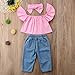 3pcs Baby Girls Kids Off Shoulder Lotus Leaf Top Holes Denim Jeans Headband Outfits Set (3-4Y, Pink)
