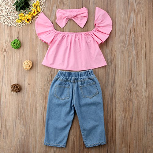3pcs Baby Girls Kids Off Shoulder Lotus Leaf Top Holes Denim Jeans Headband Outfits Set (2-3Y, Pink) - Thumbnail 4