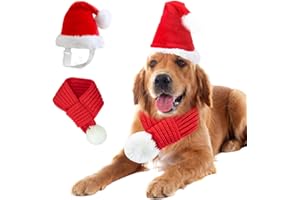 ANIAC Dog Christmas Hat and Scarf Set 2 PCS Adjustable Pet Santa Outfit Fall Winter Red Knitted Scarf with White Pompom Christmas Pet Costume Accessories for Medium Large Dog (Red Hat+Scarf, Large)
