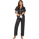 ANNA&CHRIS Womens Satin Pajamas Set Short Sleeve Silk Pajamas Two Piece Button Down Sleepwear Loungewear