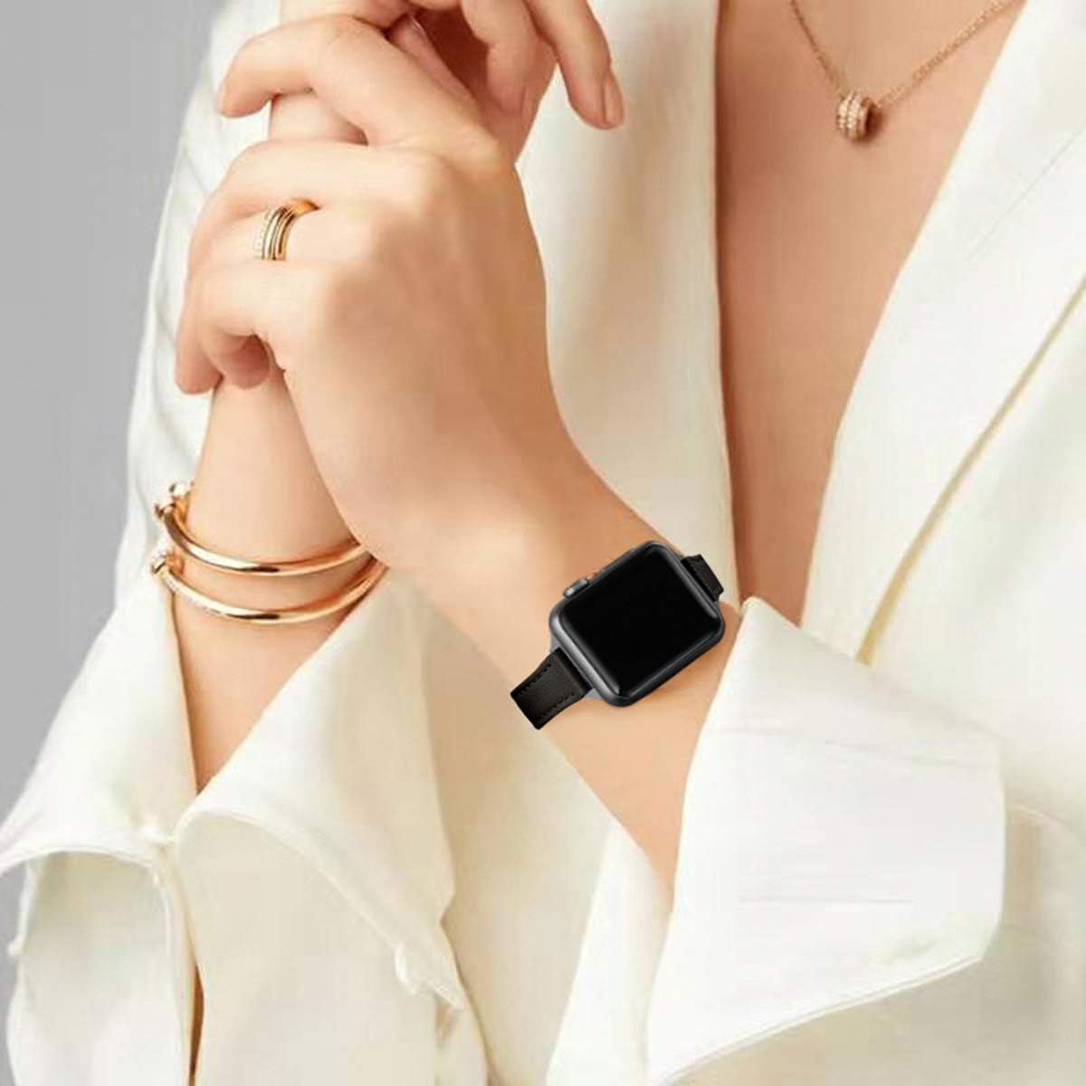 STIROLL Slim Leather Bands Compatible with Apple Watch Band 38mm 40mm 42mm 44mm, Top Grain Leather Watch Thin Wristband for iWatch SE Series 6/5/4/3/2/1 (Black with Black, 38mm/40mm)