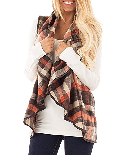 Imysty Womens Vest Sleeveless Plaid Open Front Lapel Cardigan Jackets with Pockets - Thumbnail 5