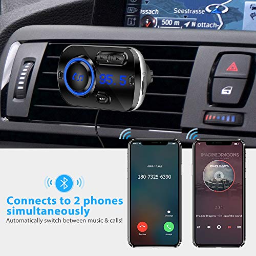 Tecboss Bluetooth FM Transmitter for Car, Upgraded Bluetooth 5.0 Wireless Car Radio Adapter with QC3.0 &5V/2.4A Fast Charging, Hands Free Car Kit, Music Streaming, Connects 2 Phones Simultaneously