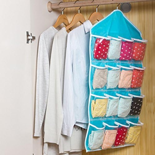 AWASA 16 Pockets Clear Hanging Bag Socks organizer Bra Underwear Rack Hanger Storage Organizer (Blue)